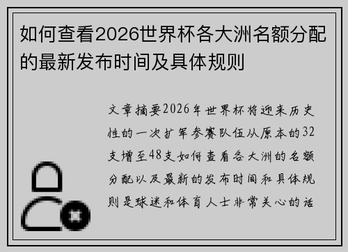 如何查看2026世界杯各大洲名额分配的最新发布时间及具体规则